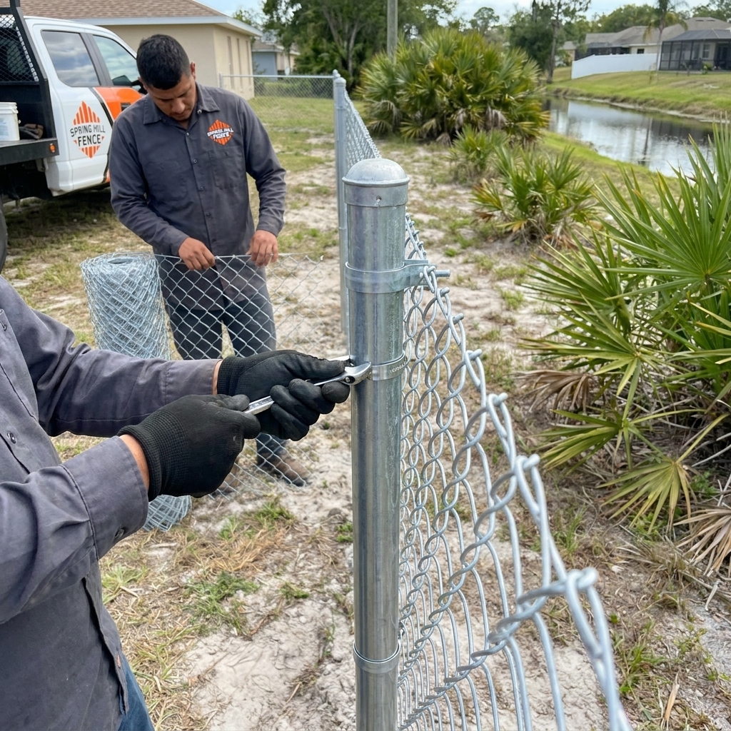 Chain link fence installation detail in Spring Hill, FL