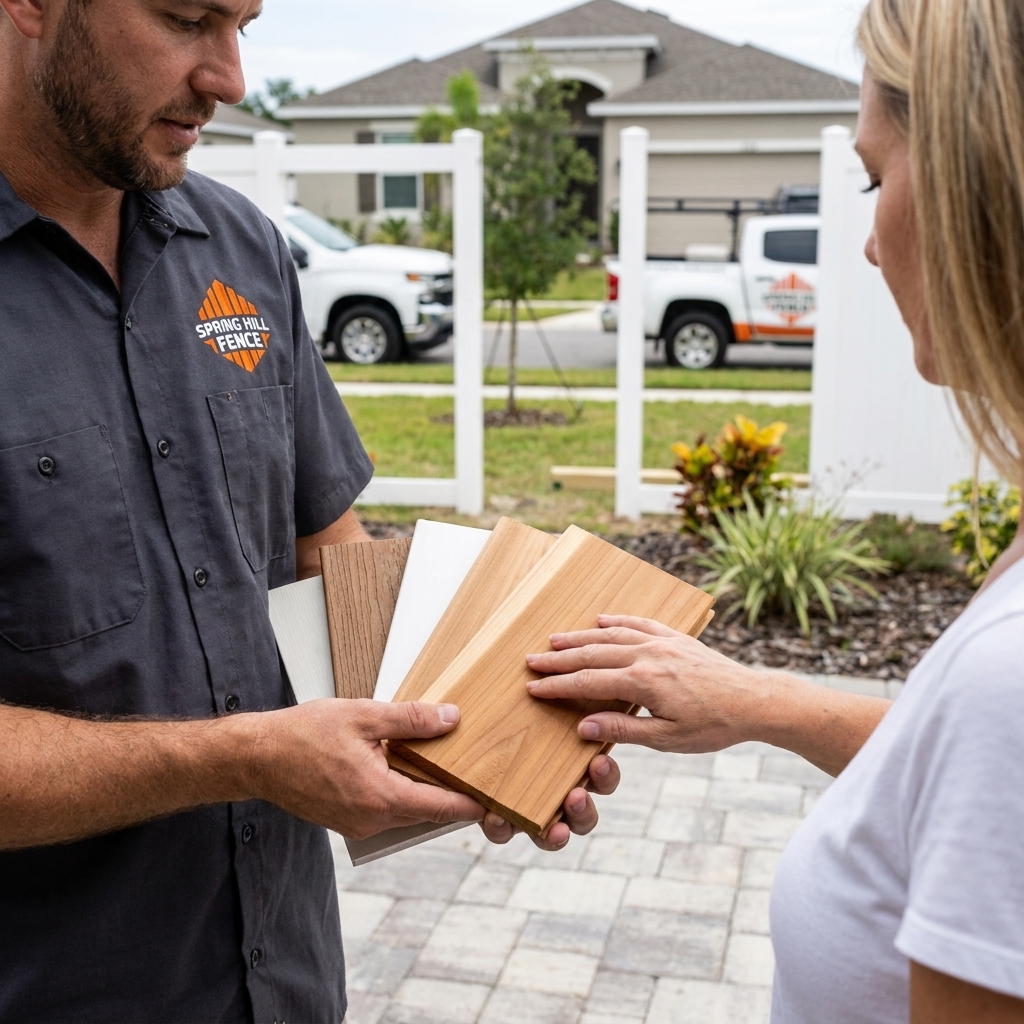 Spring Hill Fence Company contractor showing fence material samples