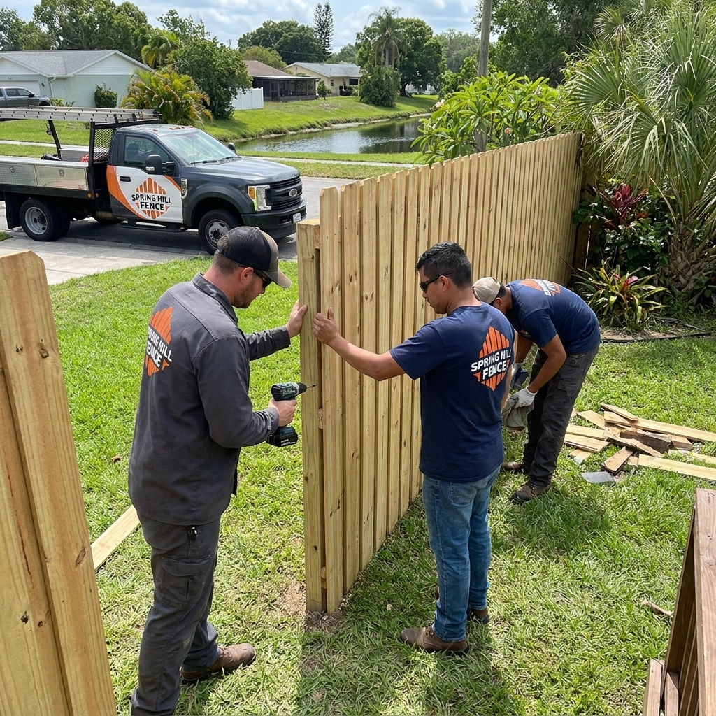 Spring Hill Fence Company crew repairing storm-damaged fence panels