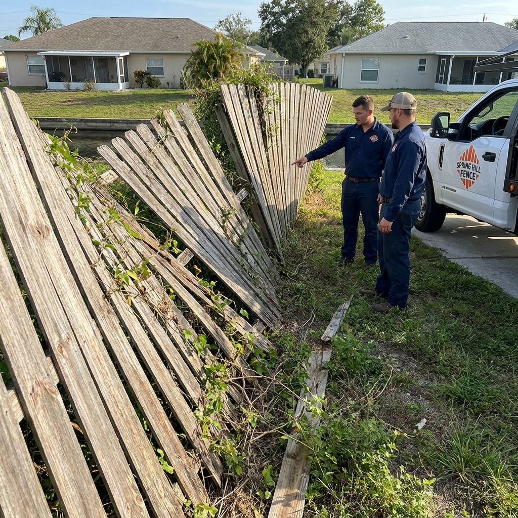 Old leaning damaged wood fence in Spring Hill before repair